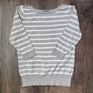 GAP Striped Boat Neck Sweater‎ Womens L Gray White Gold Button Shoulder